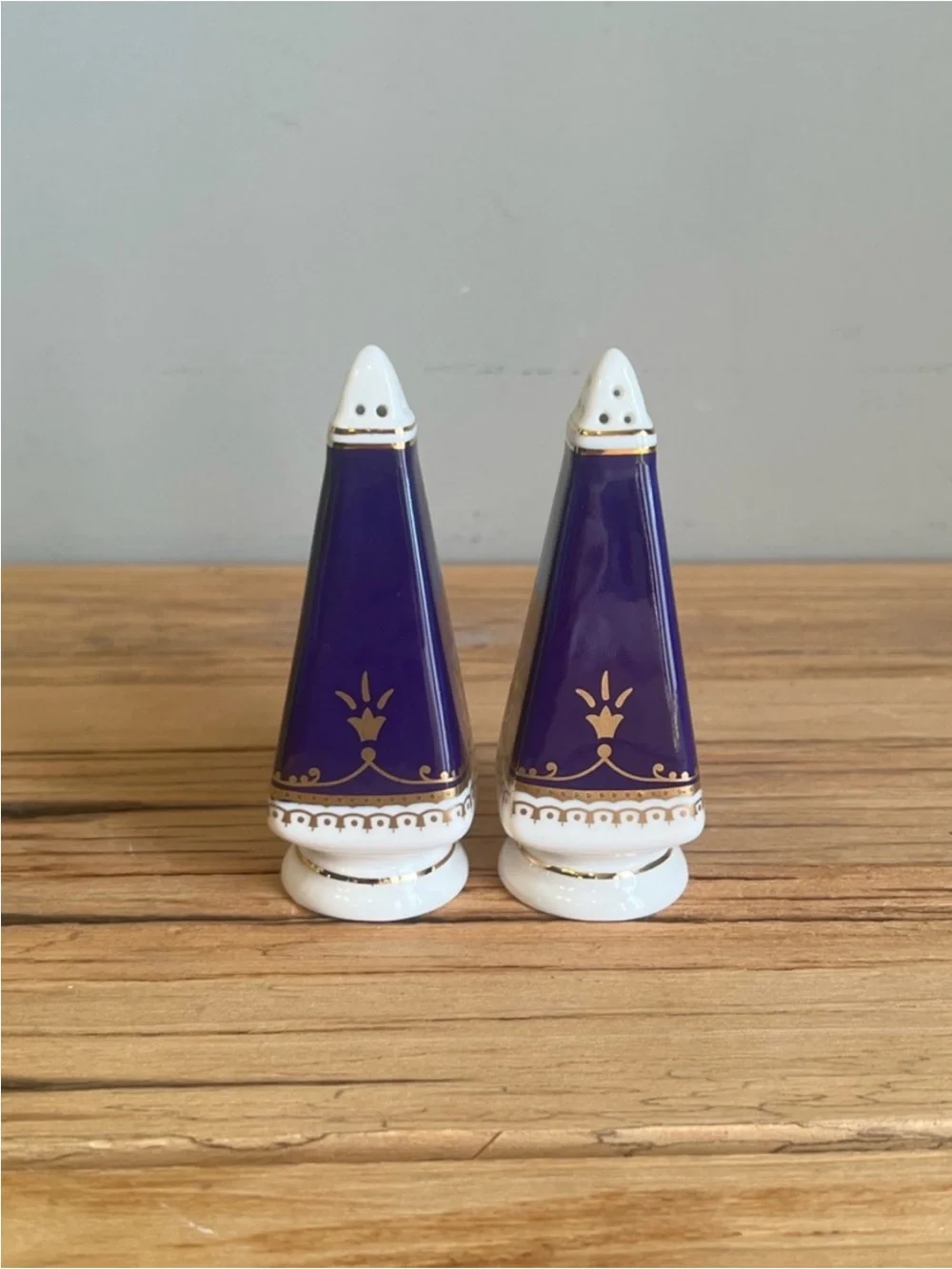 Blue and Gold Ceramic Salt & Pepper Shakers-Vintage